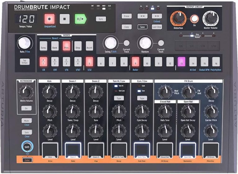 Arturia DrumBrute Impact máquina de tambor analógica compacta com painel frontal detalhado e controles diversos