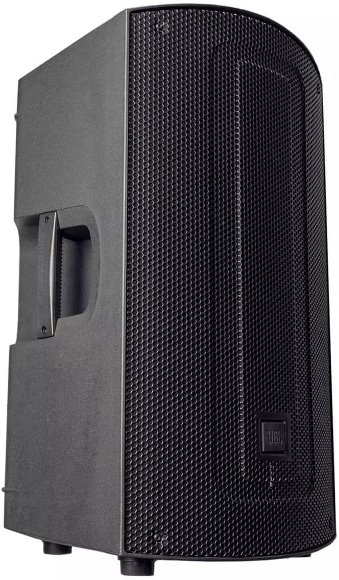 Vista lateral da caixa de som ativa JBL Max 15 preta mostrando alça de transporte e grade frontal com logo JBL.