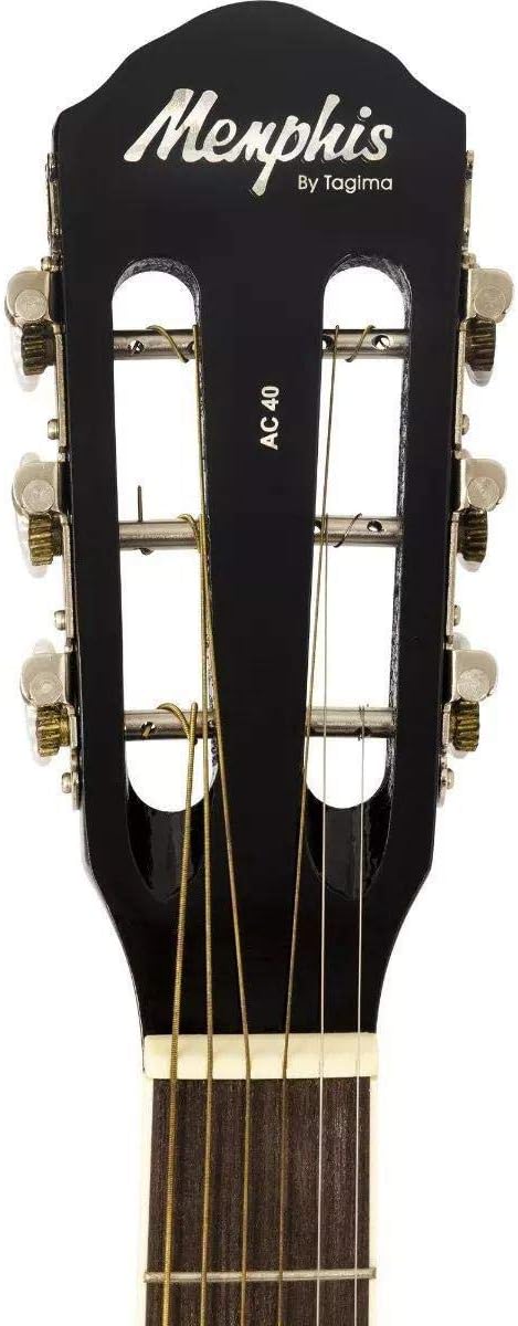 Cabeçote do violão acústico Tagima AC-40 Memphis preto mostrando logo e tarraxas.