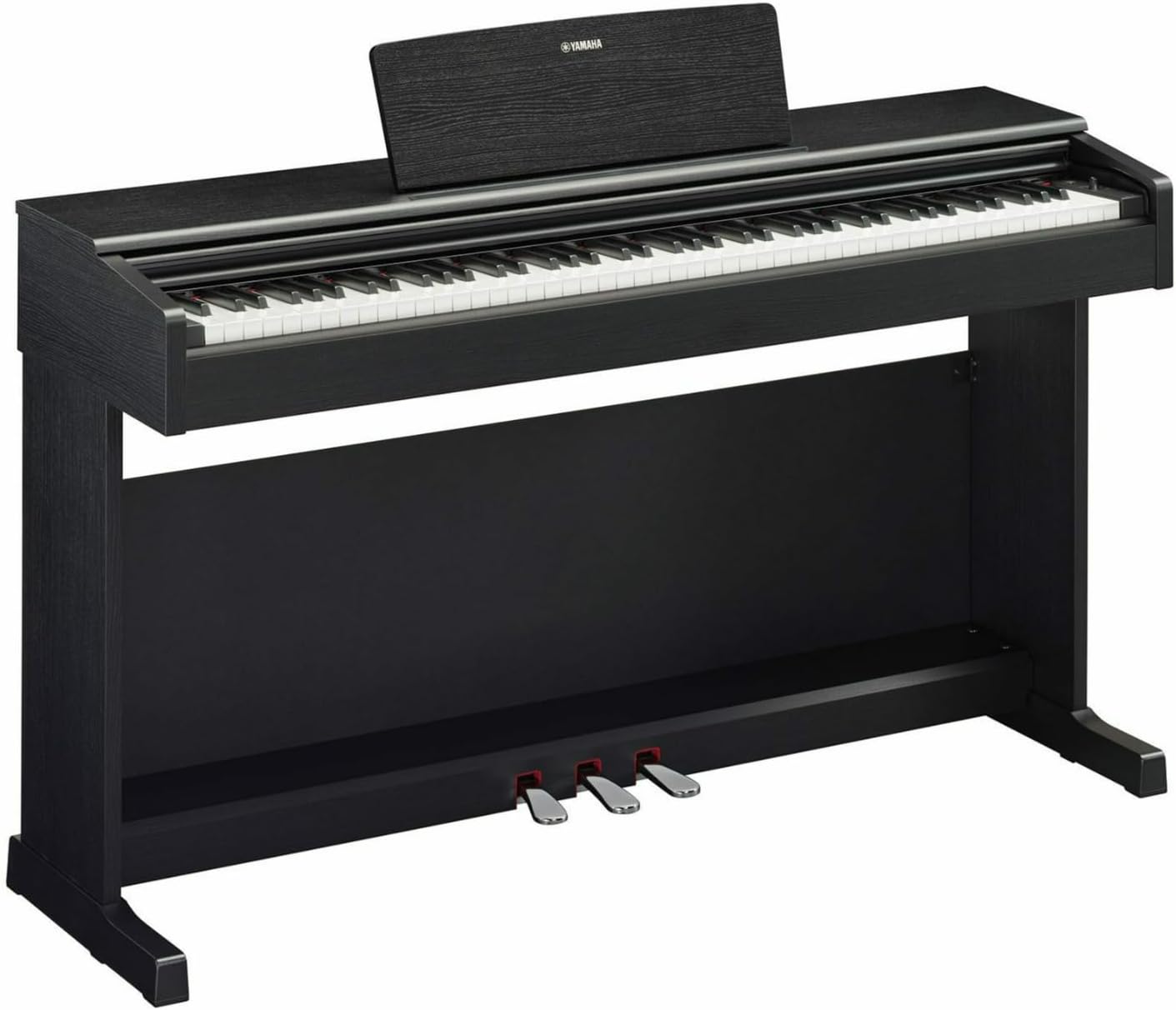 Piano Digital Arius YDP 145 B preto Yamaha com pedais visto de frente fundo branco