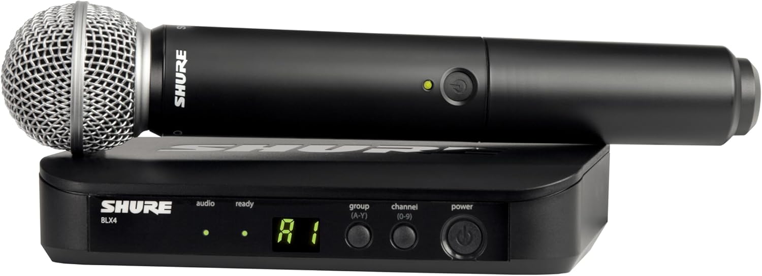 Shure BLX24/SM58 sistema de microfone sem fio com receptor UHF de canal único preto com display digital e microfone com grade metálica prateada