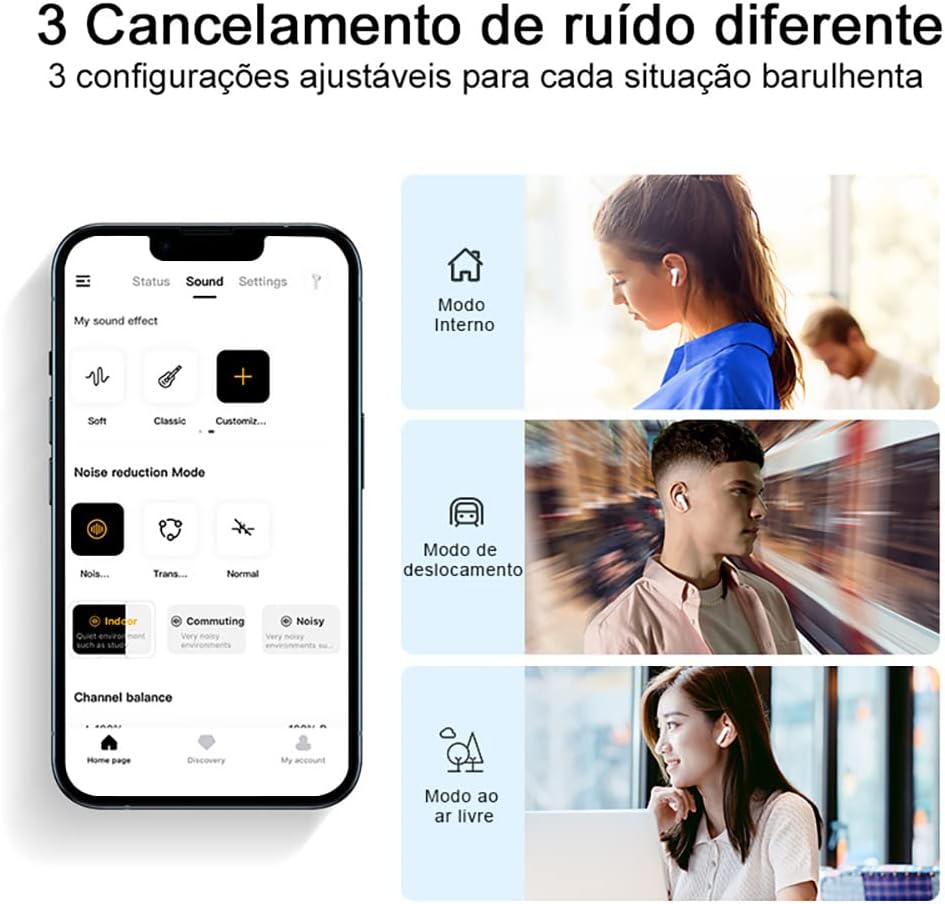 Aplicativo mostrando 3 modos ajustáveis de cancelamento de ruído para fones QCY HT05