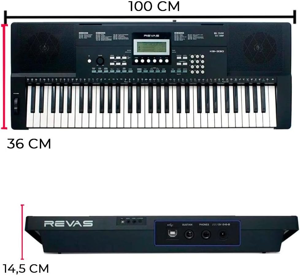 Dimensões do teclado Revas KB-330: 100x36x14,5 cm, 61 teclas e falantes embutidos.