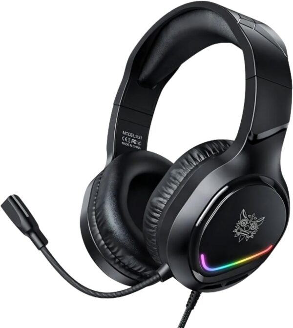 Headset gamer Onikuma X31 preto com microfone flexível e LED RGB colorido, áudio estéreo, cancelamento de ruído.
