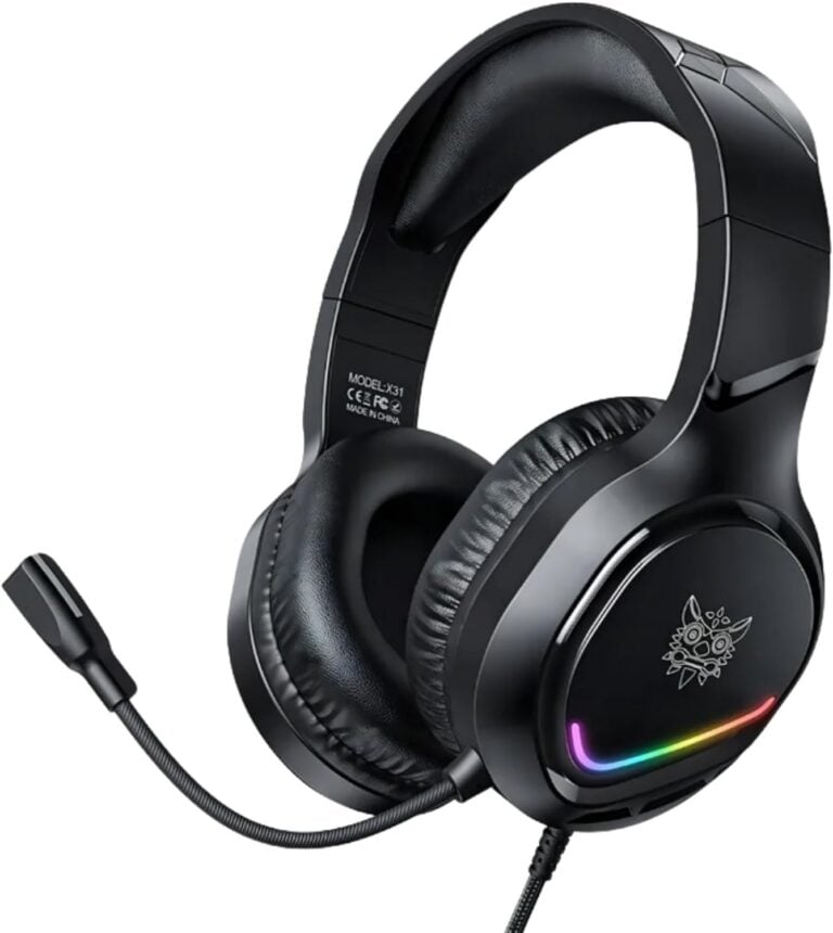 Headset gamer Onikuma X31 preto com microfone flexível e LED RGB colorido, áudio estéreo, cancelamento de ruído.