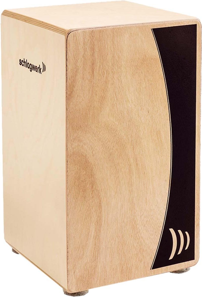 Cajon Schlagwerk CP550 madeira natural com detalhe preto, vista lateral e superior.