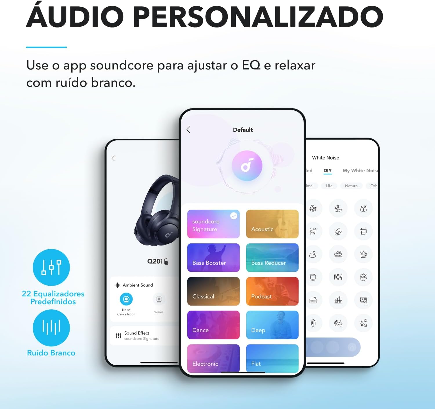 Aplicativo Soundcore para personalização do áudio e ajustes de equalização no fone Q20i.