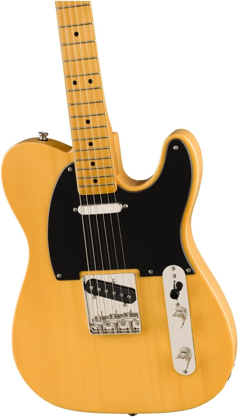 Corpo da guitarra elétrica Squier Classic Vibe '50s amarelo com escudo preto e controles metálicos.