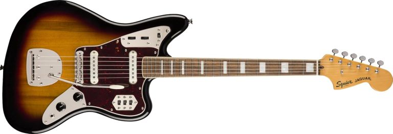 Guitarra Squier Classic Vibe '70s Jaguar corpo sólido sunburst vista frontal com captadores brancos e escudo tartaruga.