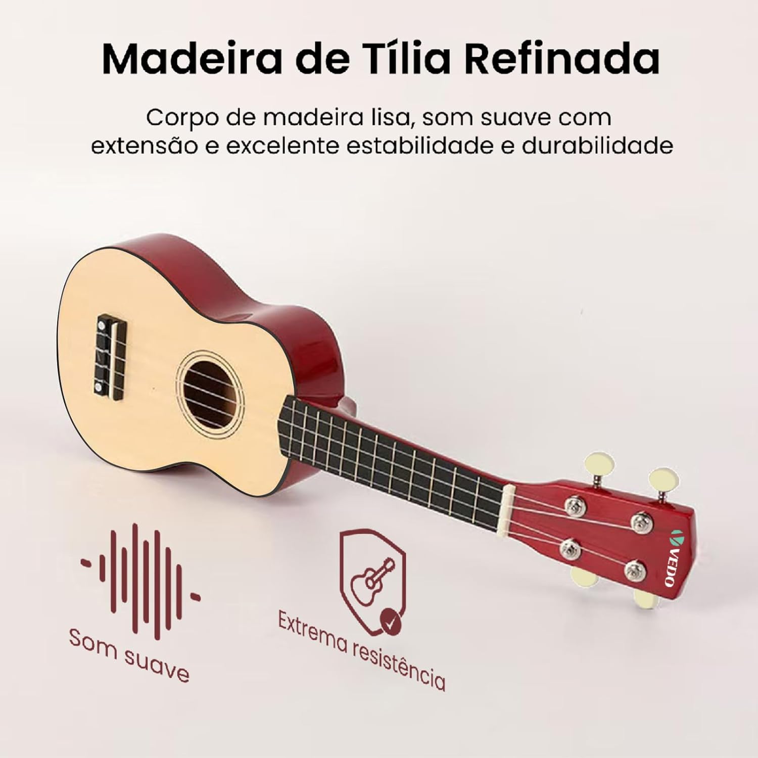 Ukulele ANVAR UK10 com corpo em madeira de tília refinada, som suave e excelente durabilidade.
