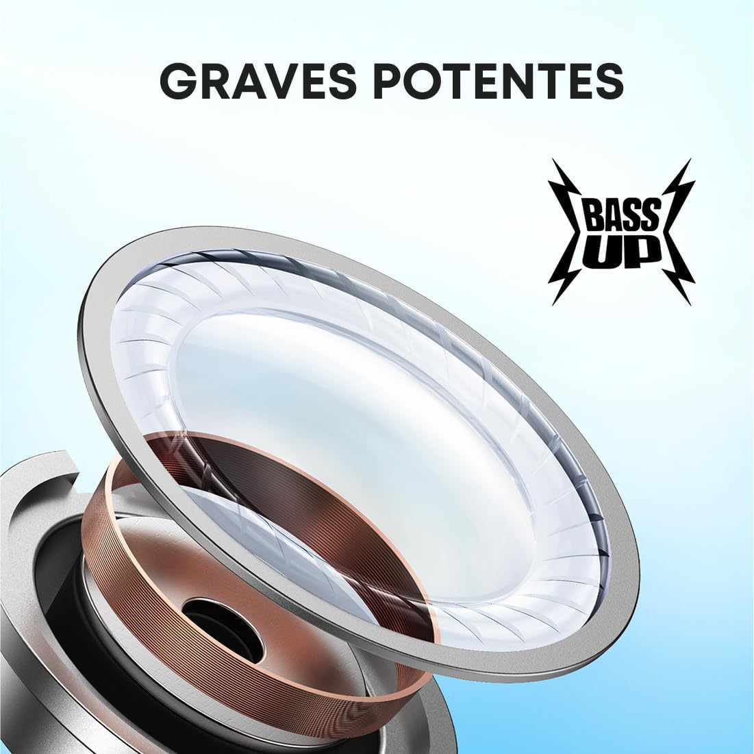 Ilustração de alto-falante com tecnologia Bass Up para graves potentes dos fones Soundcore P20i.
