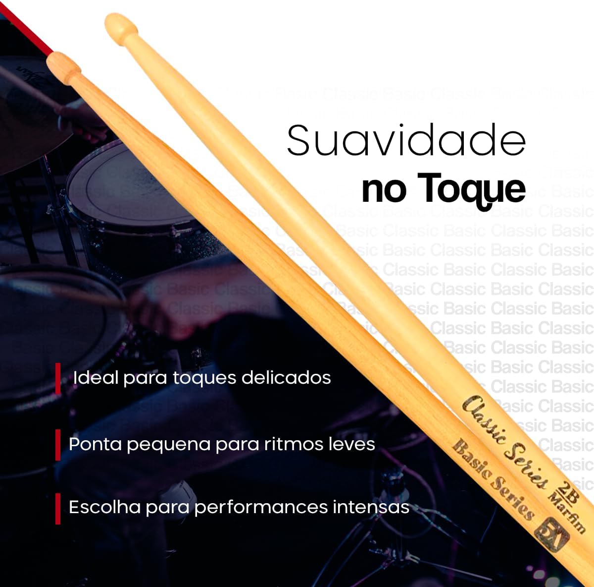 Baquetas Zaidan's Classic/Basic Series com ponta pequena e suavidade no toque para prática