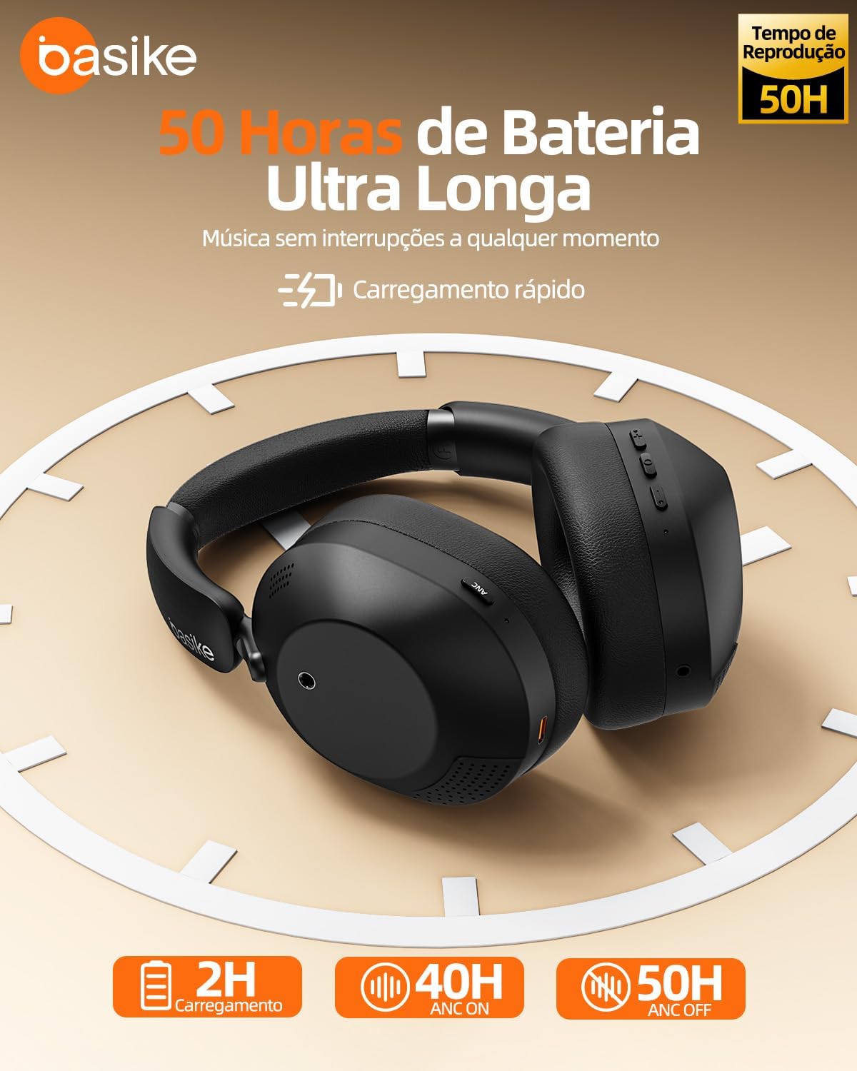 Headphone Basike Ba-FON-195 preto com bateria de longa duração de 50 horas e carregamento rápido