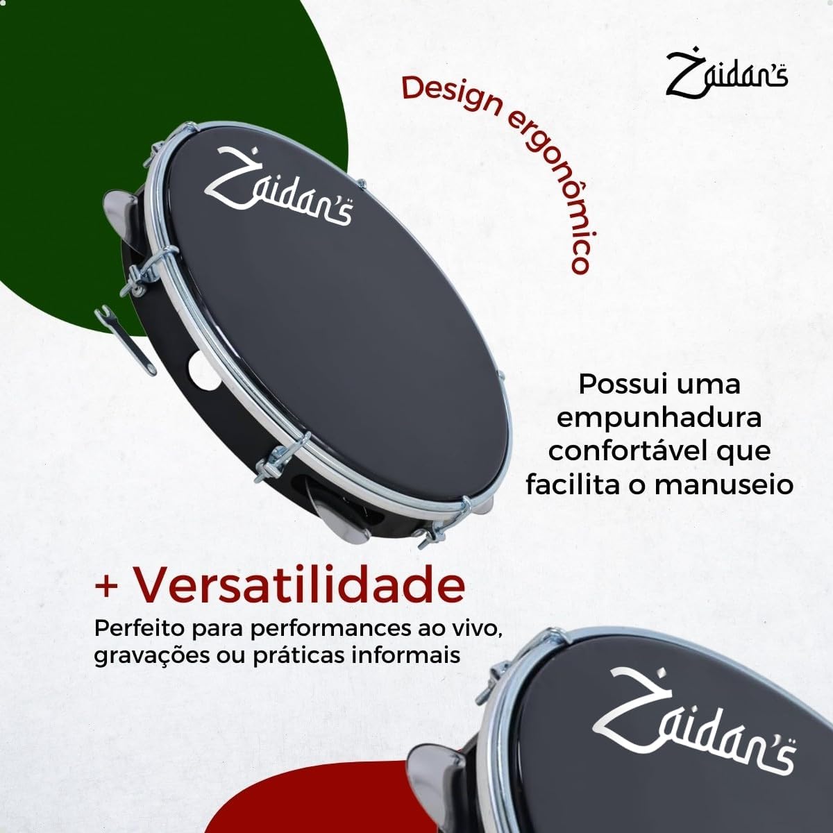 Pandeiro Zaidan's profissional preto 10 polegadas com design ergonômico e empunhadura confortável.