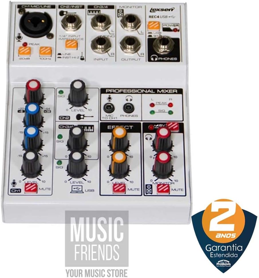 Mesa de som Lexsen REC4 USB 4 canais com Bluetooth, com selo garantia 2 anos e controles de volume e efeitos