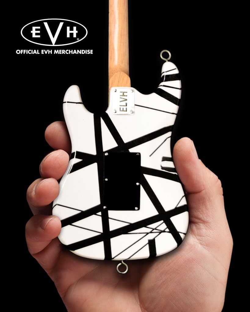 Guitarra mini réplica AXE HEAVEN EVH003 vista traseira com corpo branco e listras pretas, braço de madeira e placa EVH.
