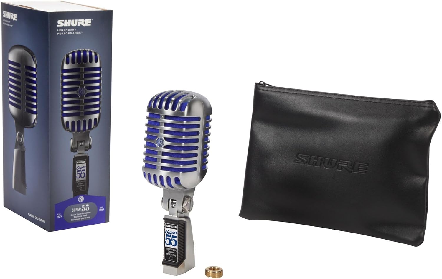 Kit microfone Shure Super55 com caixa, microfone clássico e bolsa protetora preta