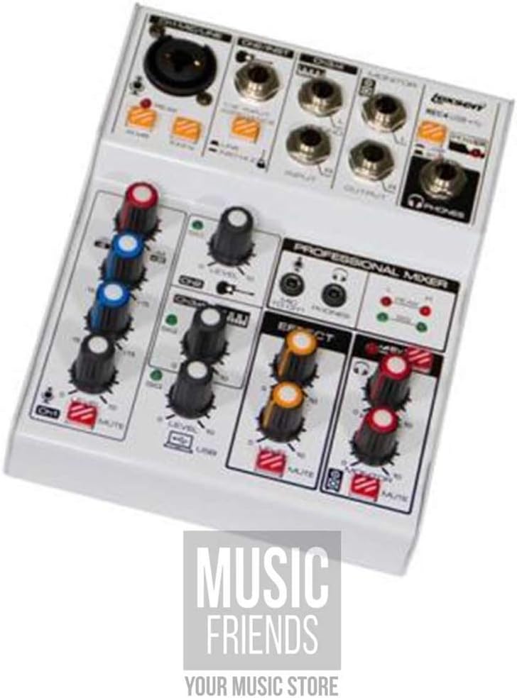Mesa de som Lexsen REC4 USB 4 canais com Bluetooth vista em ângulo com controles coloridos e entradas XLR e P10
