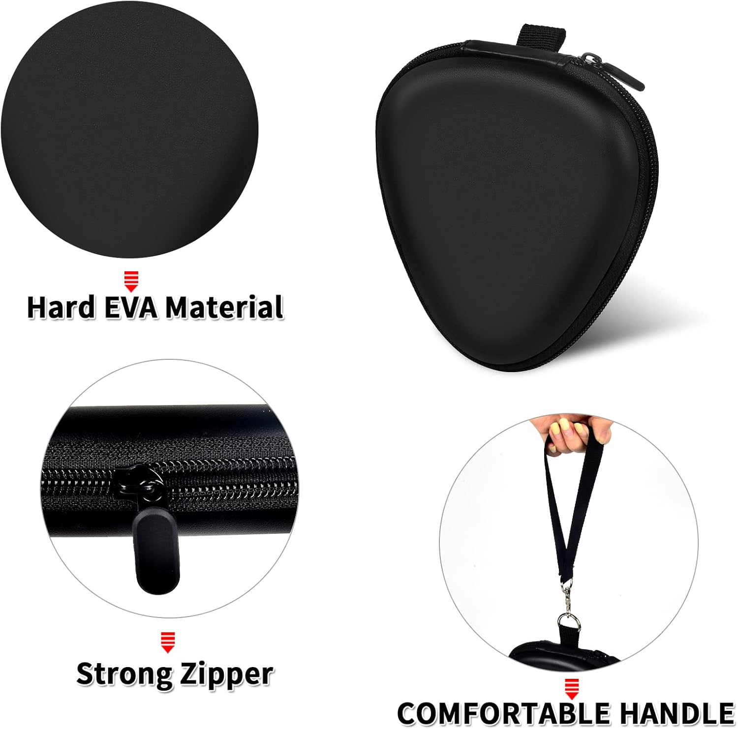 Estojo triangular preto resistente à água com zíper forte, material EVA rígido e alça confortável.