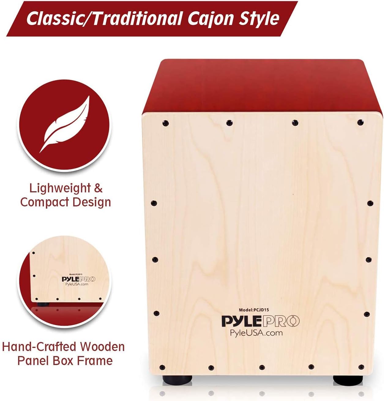 Cajon Pyle CJD15 design clássico madeira artesanal com pés antivibração