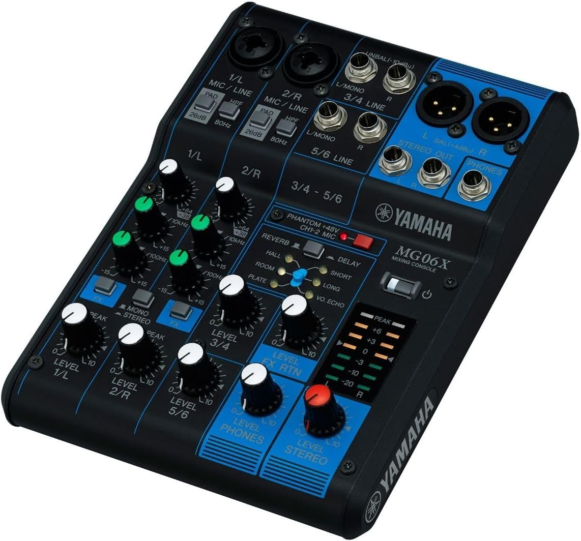 Mesa de som compacta Yamaha MG06X, com 6 entradas, controles de equalização, efeitos e phantom power.
