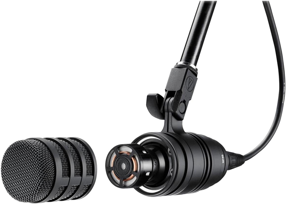 Microfone Audio-Technica BP40 com grade removida mostrando diafragma, preto