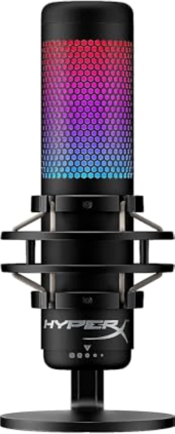 Microfone gamer HyperX QuadCast S com iluminação RGB colorida e suporte anti-vibração preto.