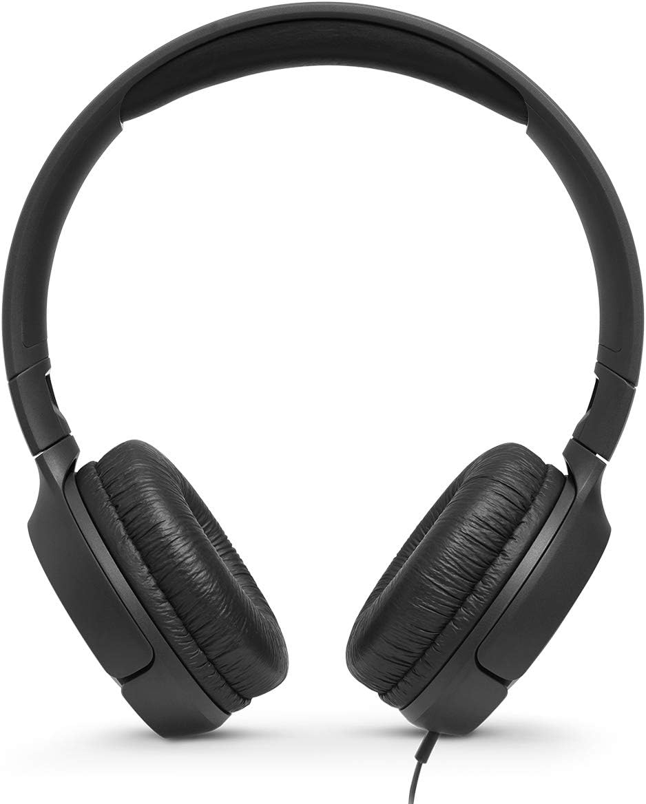 Fone JBL Tune 500 preto com fio visto de cima com arco rígido e almofadas acolchoadas