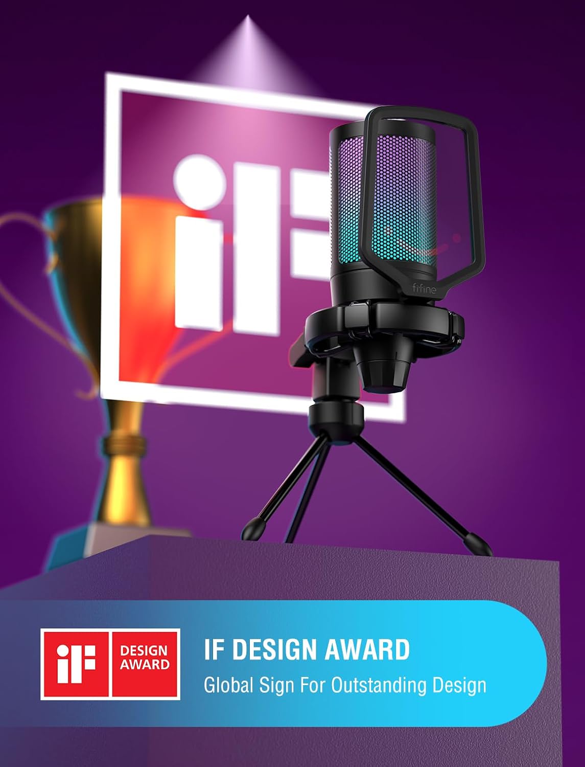 Microfone FIFINE A6V com iluminação RGB em fundo roxo e troféu, premiado com IF Design Award.