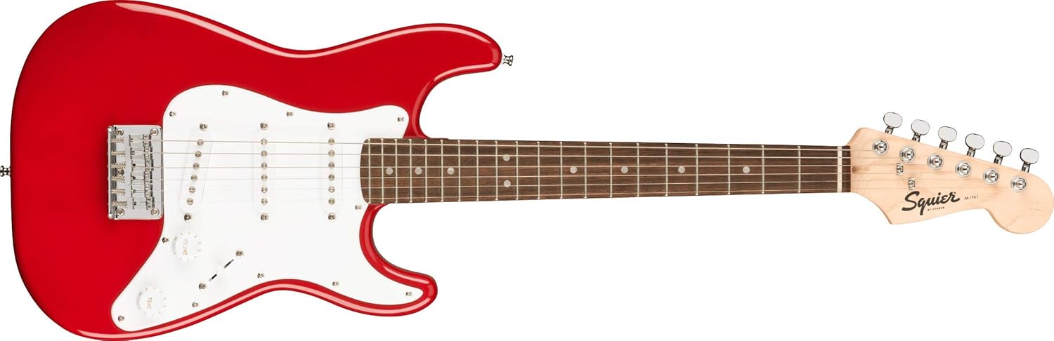 Squier Mini Stratocaster guitarra elétrica corpo sólido vermelha com 3 captadores single-coil e escudo branco