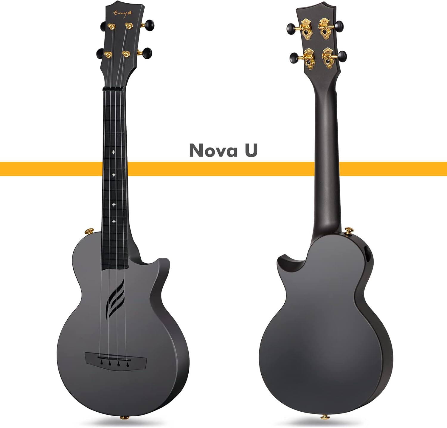 Enya Nova U Ukulele concert em fibra de carbono preto fosco vistas frontal e traseira