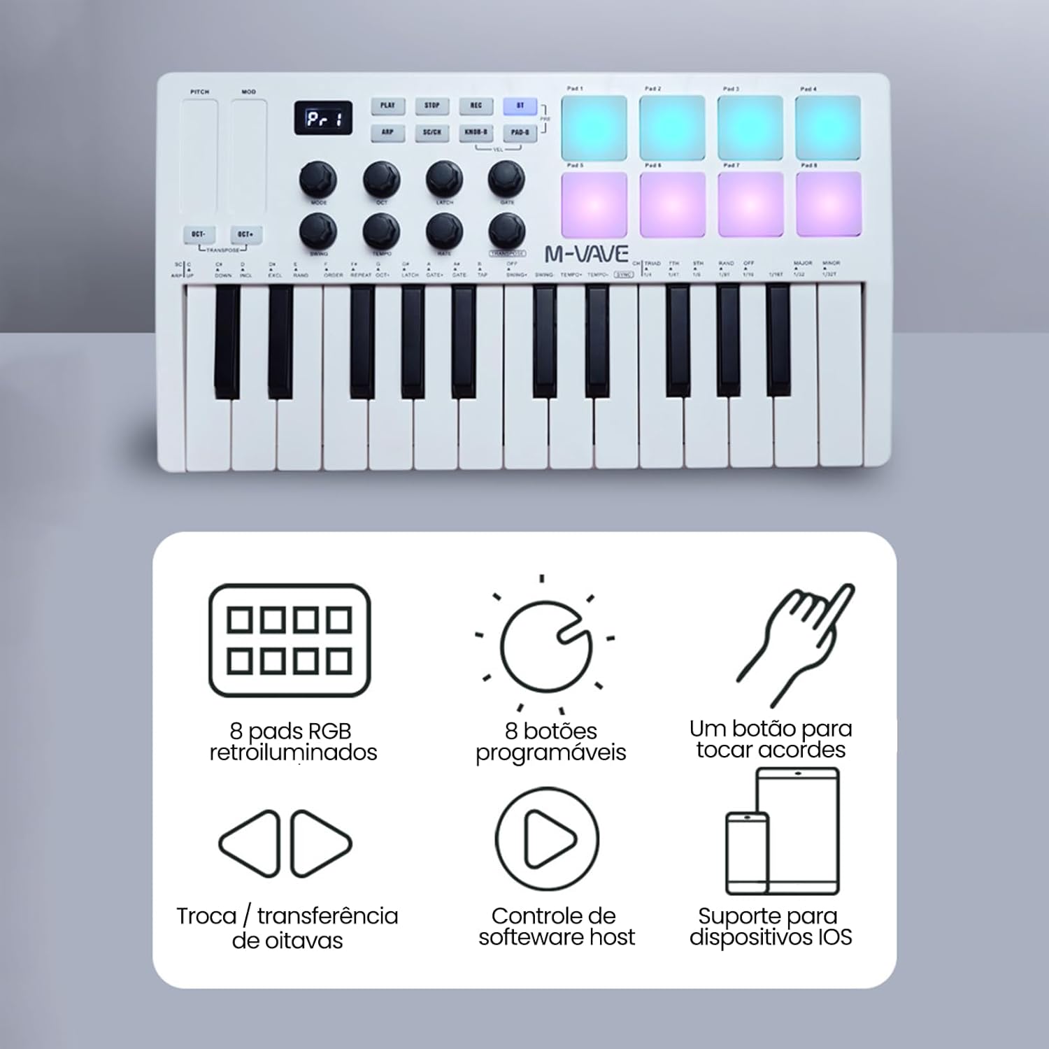 Teclado controlador MIDI ANVAR M-VAVE SMK-25 branco com 8 pads RGB, botões programáveis e suporte para IOS e controle por software host