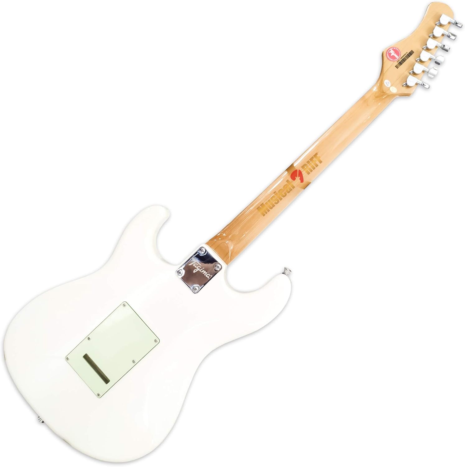 Traseira da guitarra Tagima TG-530 Woodstock branca com braço em maple e tampa do circuito verde menta