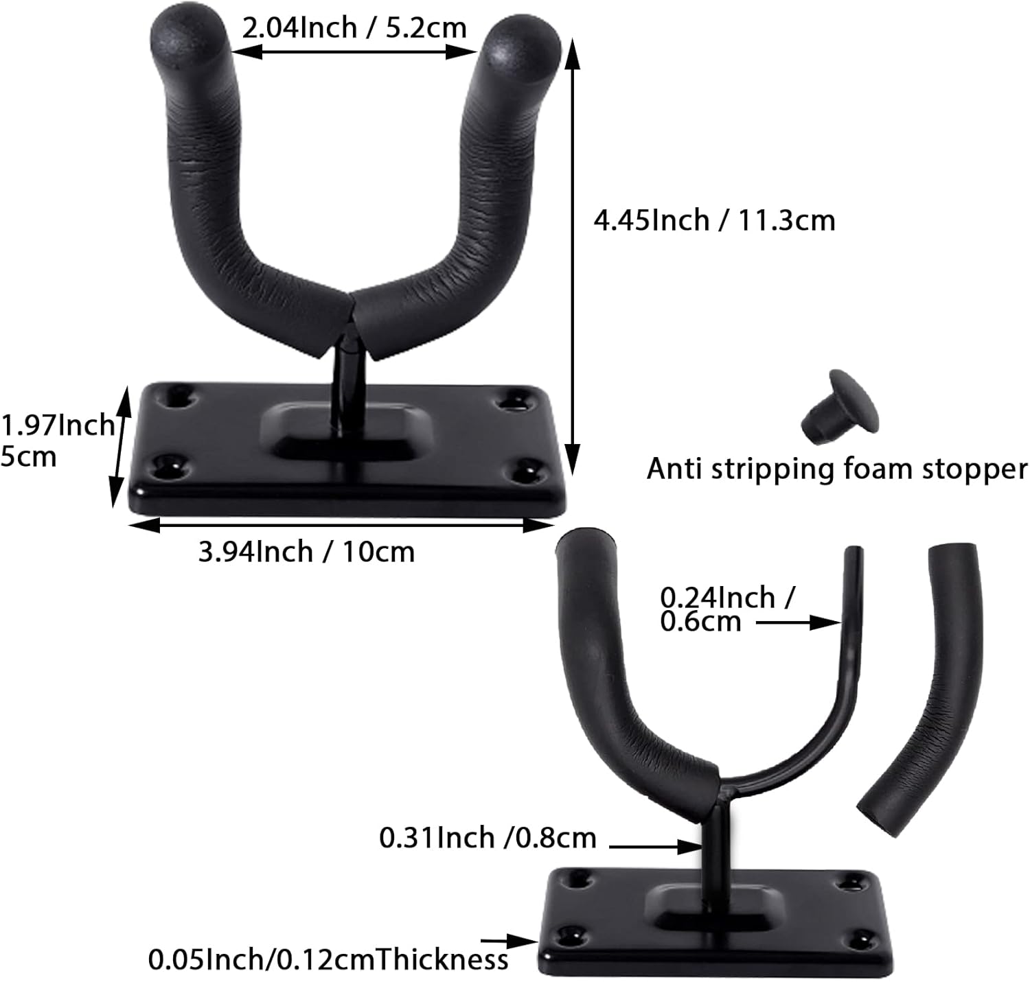 Medidas detalhadas do suporte de parede para guitarra com gancho duplo preto acolchoado