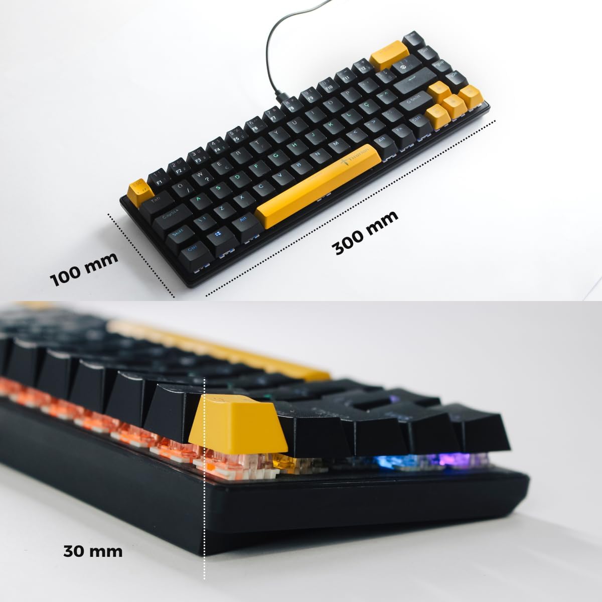 Teclado mecânico compacto Titorion 60% com dimensões 300x100x30 mm e iluminação RGB