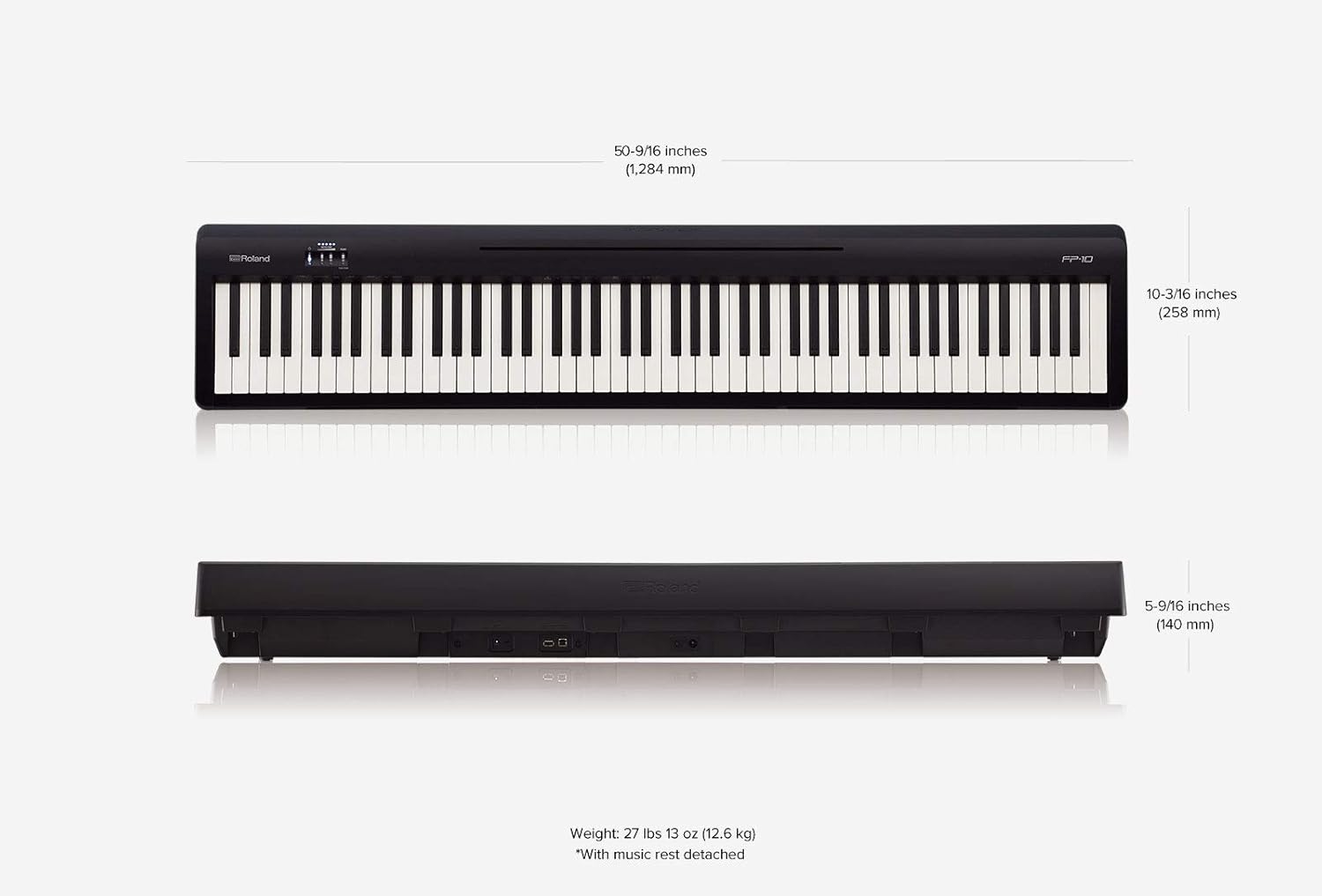 Dimensões e peso do piano digital Roland FP-10 BK, instrumento compacto e leve.