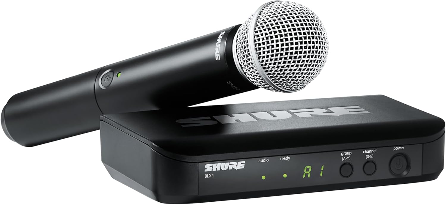 Sistema microfone sem fio Shure BLX24/SM58 com receptor UHF display digital e microfone com grade prateada