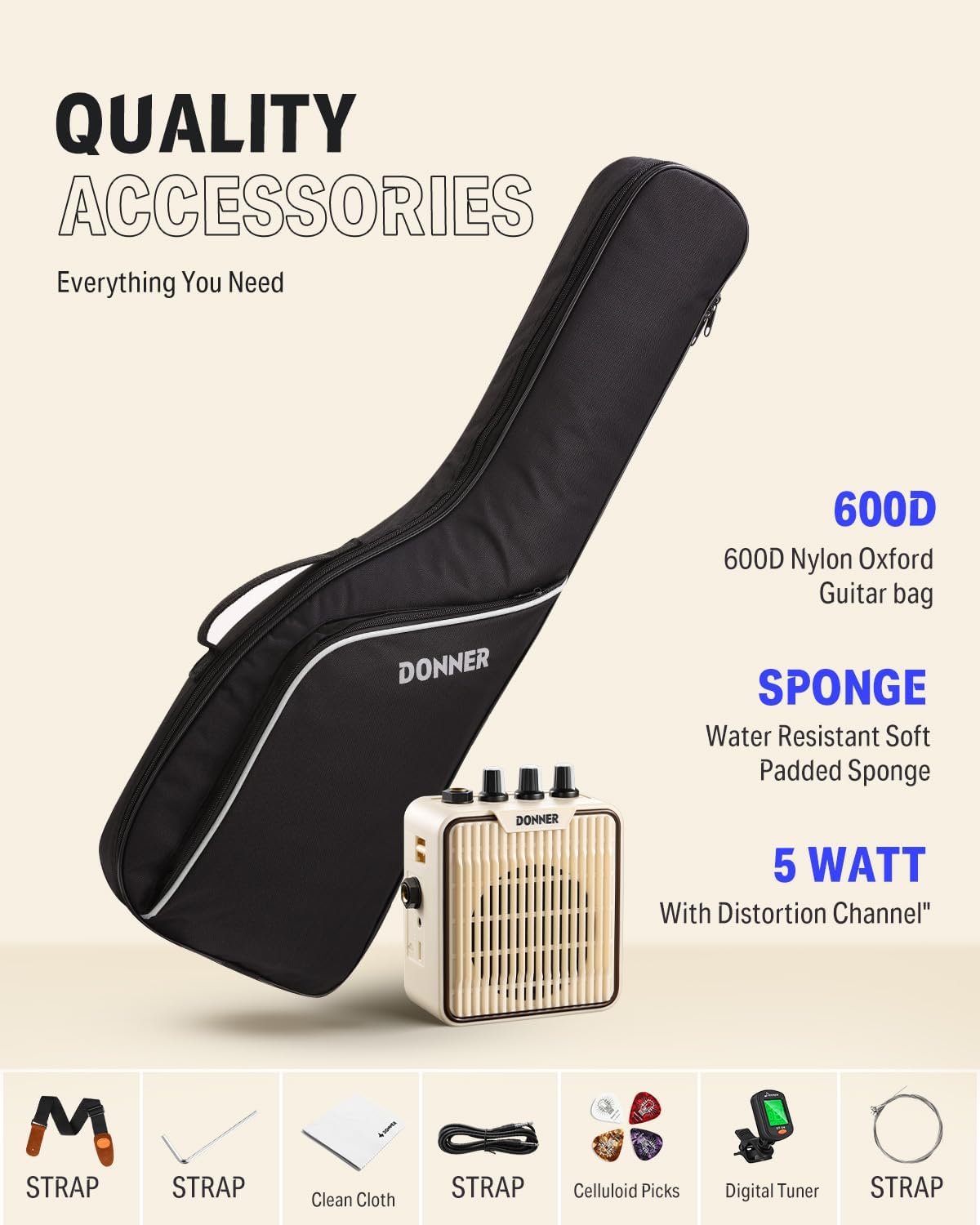 Acessórios do kit guitarra elétrica Donner incluindo bolsa nylon 600D, amplificador 5W, correia, afinador digital e palhetas.