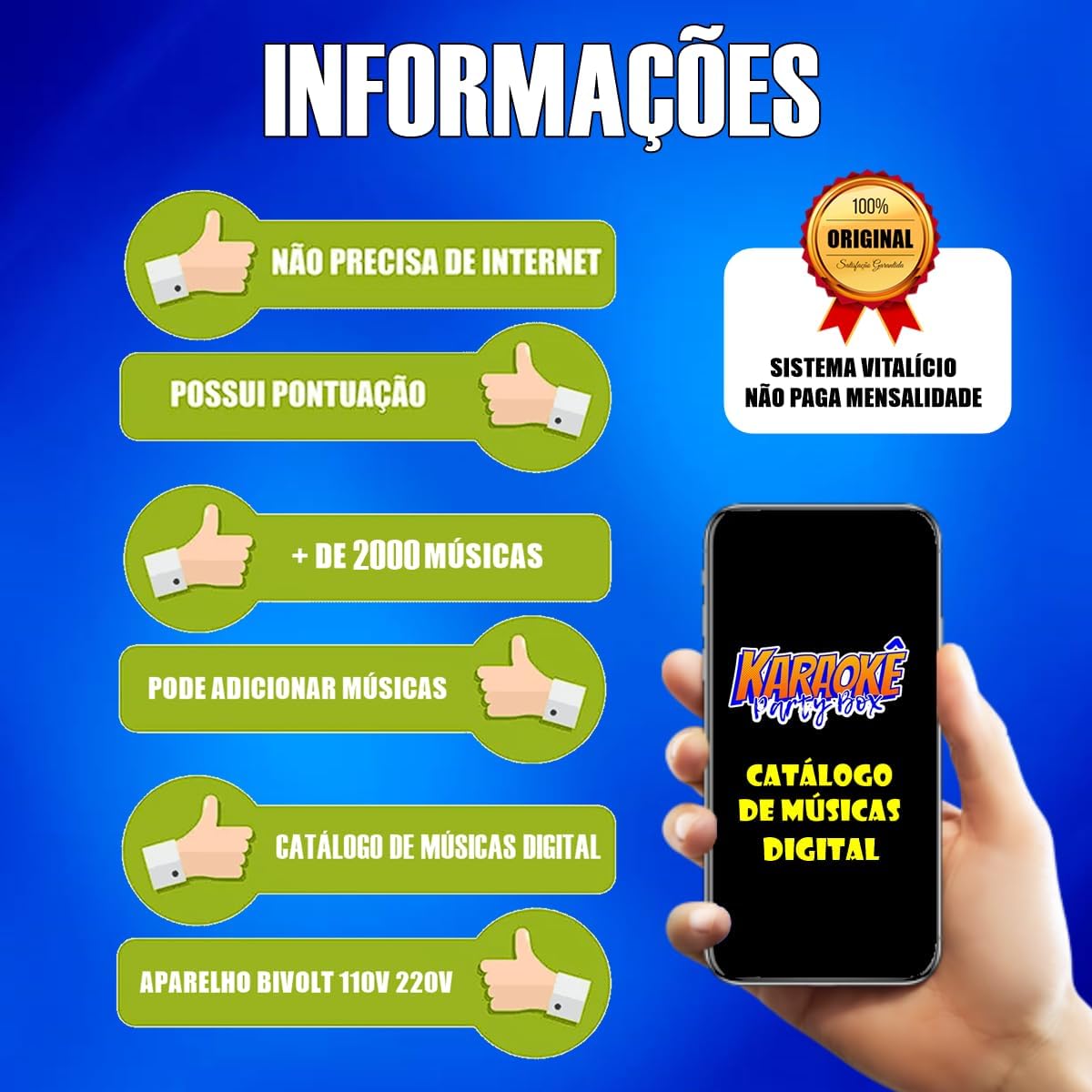 Informações do Karaoke Party Box com atributos como não precisar de internet, pontuação, catálogo digital e sistema vitalício.