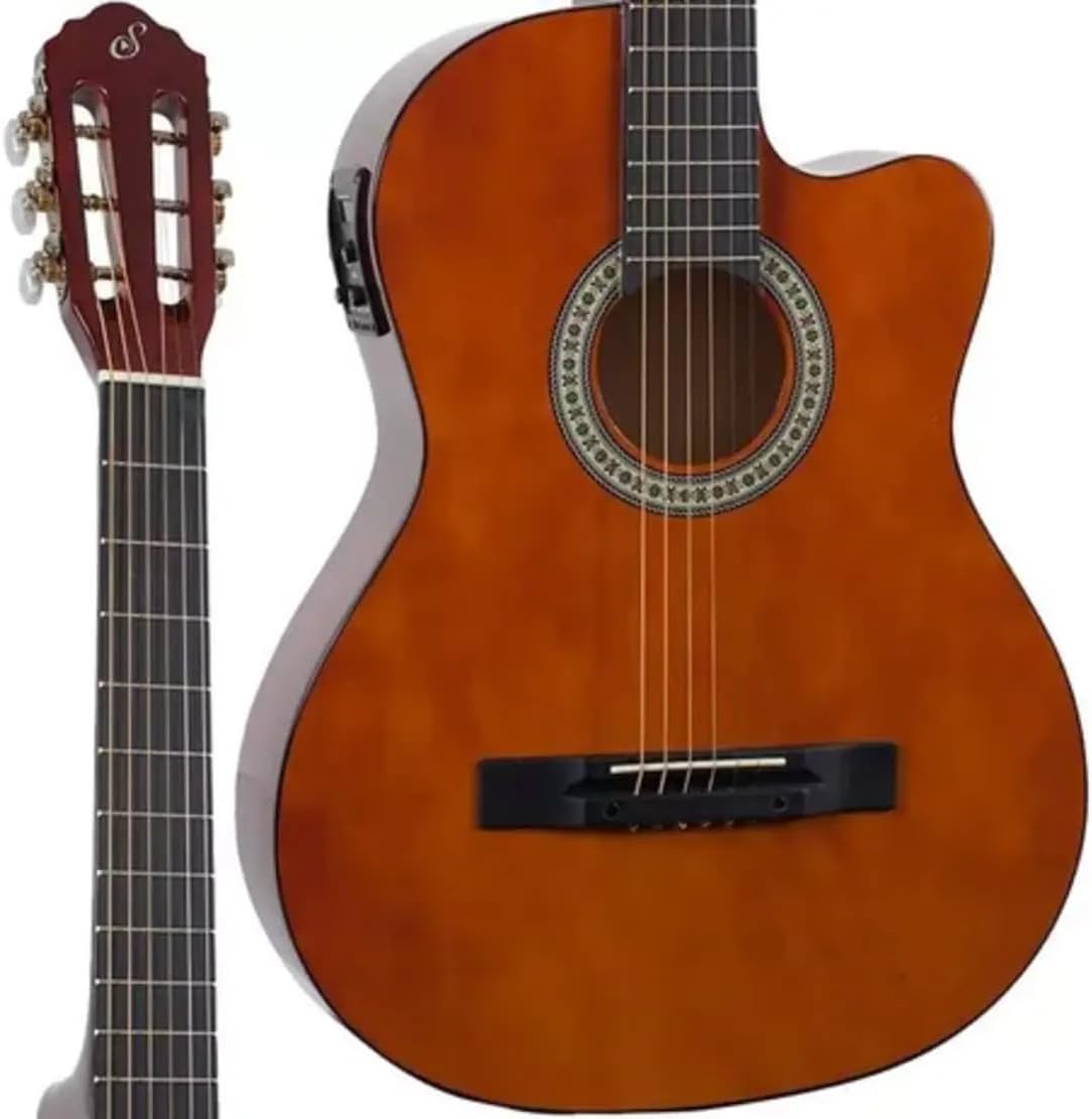 Violão eletroacústico Giannini SF14 CEQ N NAT vista frontal mostrando corpo flat e corte cutaway com equalizador na lateral.