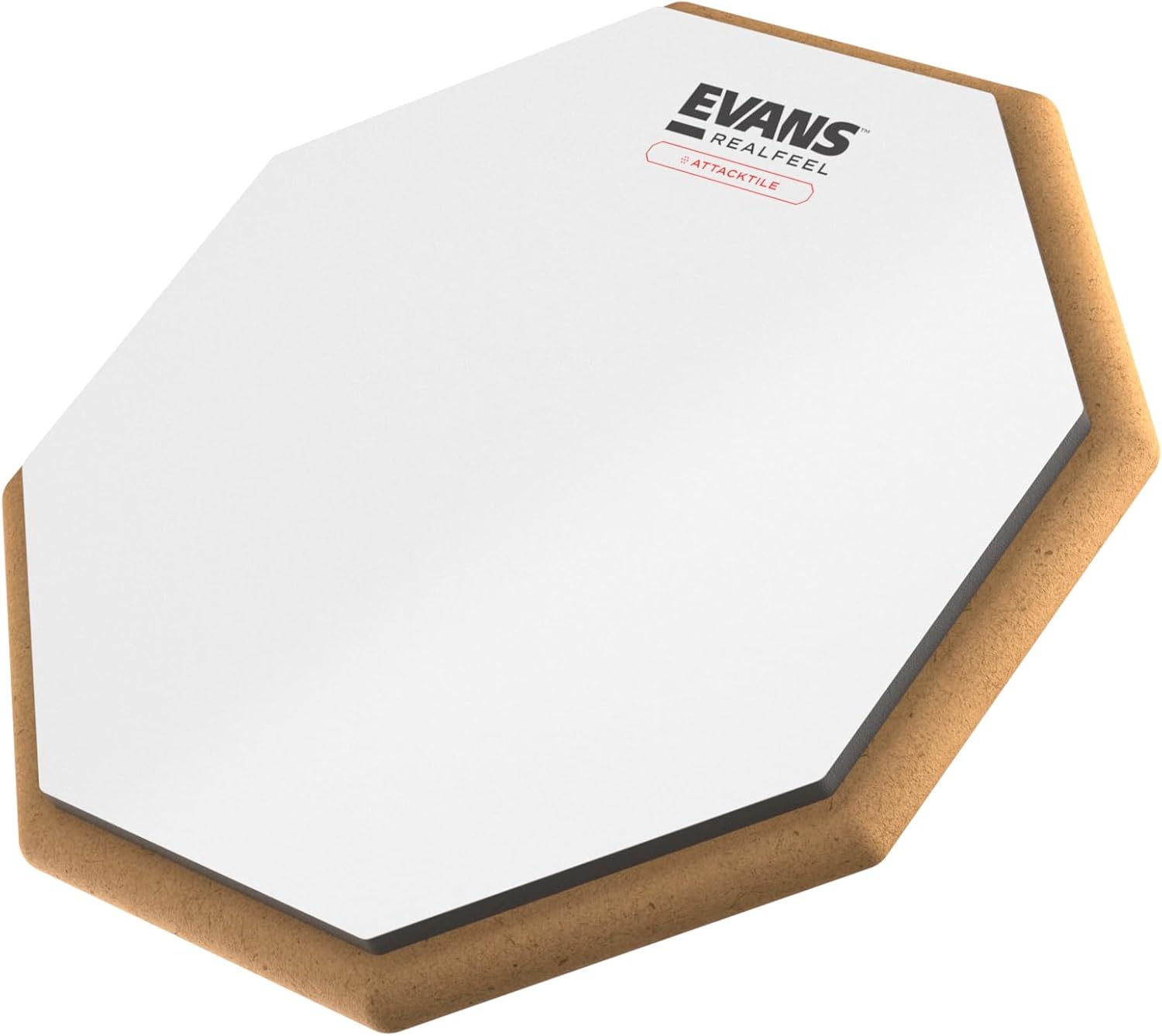 Pad de prática para bateria Evans RealFeel Attacktile com superfície branca e base bege, formato octogonal.