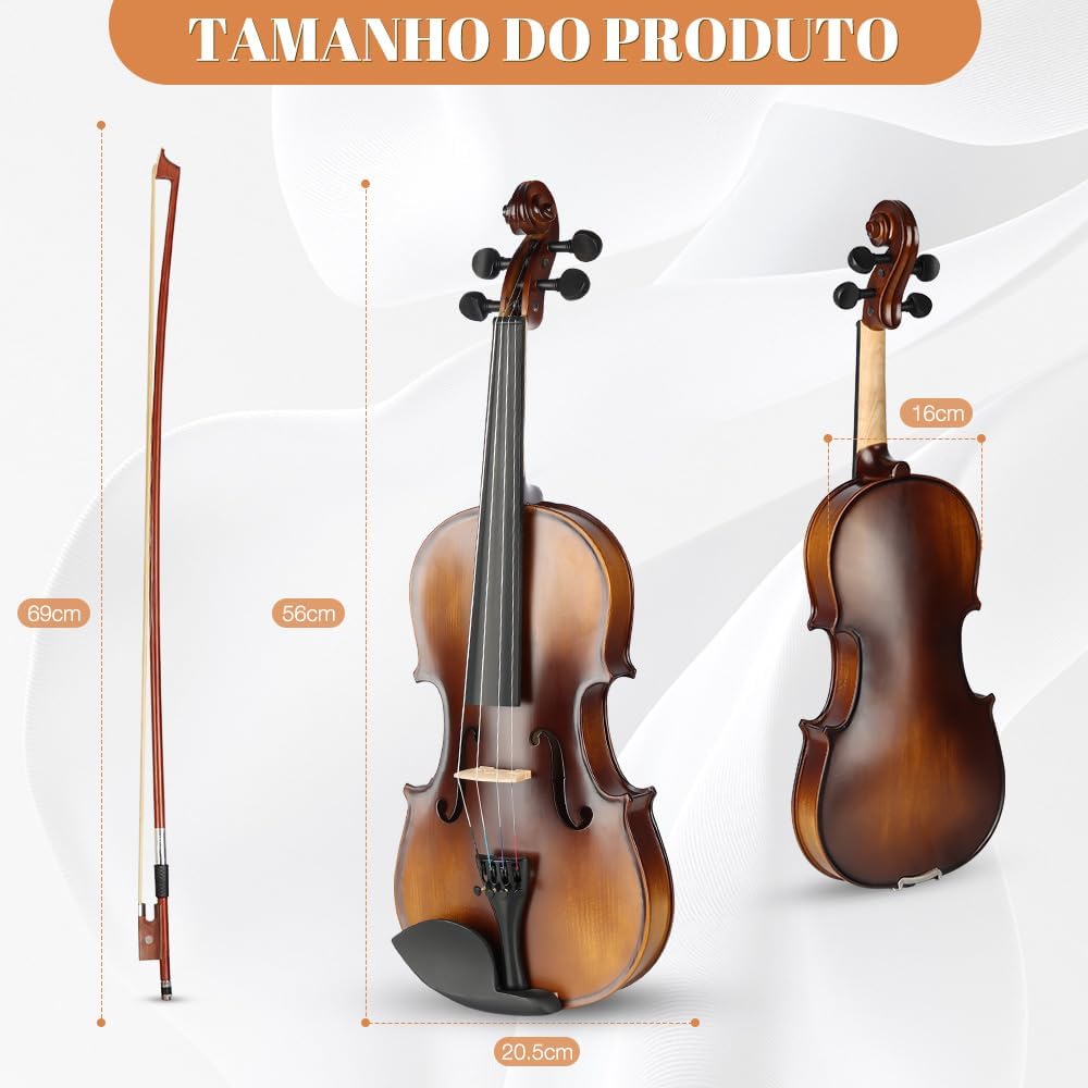 Violino 3/4 profissional Xalhar com dimensões do corpo, arco e braço destacadas.
