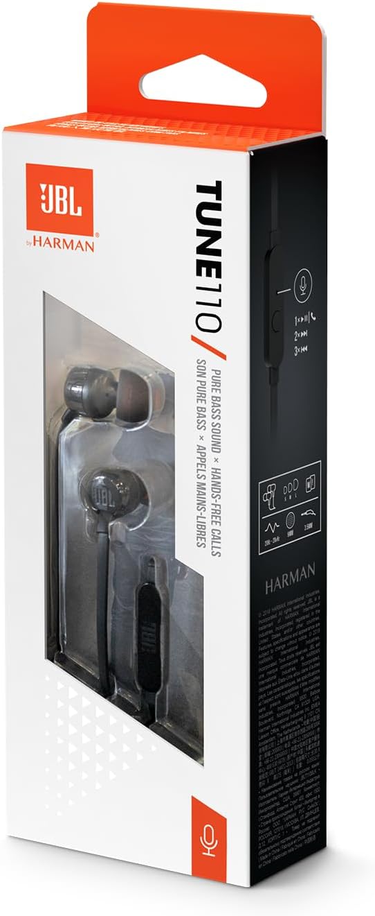 Embalagem do fone de ouvido JBL Tune 110 preto com microfone e controle