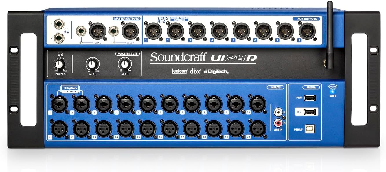 Frontal da mesa de som digital Soundcraft UI24R com 20 canais e controle sem fio
