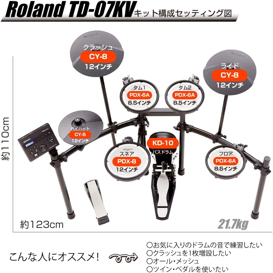 Diagrama técnico da bateria eletrônica Roland TD-07KV com medidas e componentes em japonês
