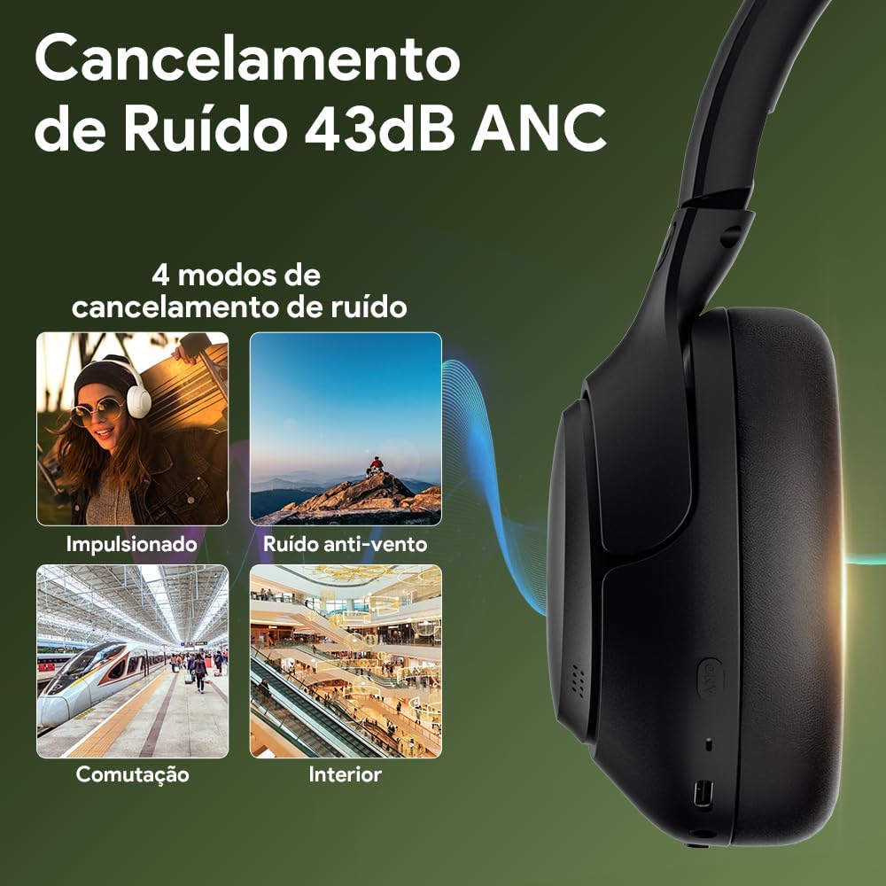 Fone QCY H3 ANC com cancelamento de ruído 43dB e 4 modos para diferentes ambientes