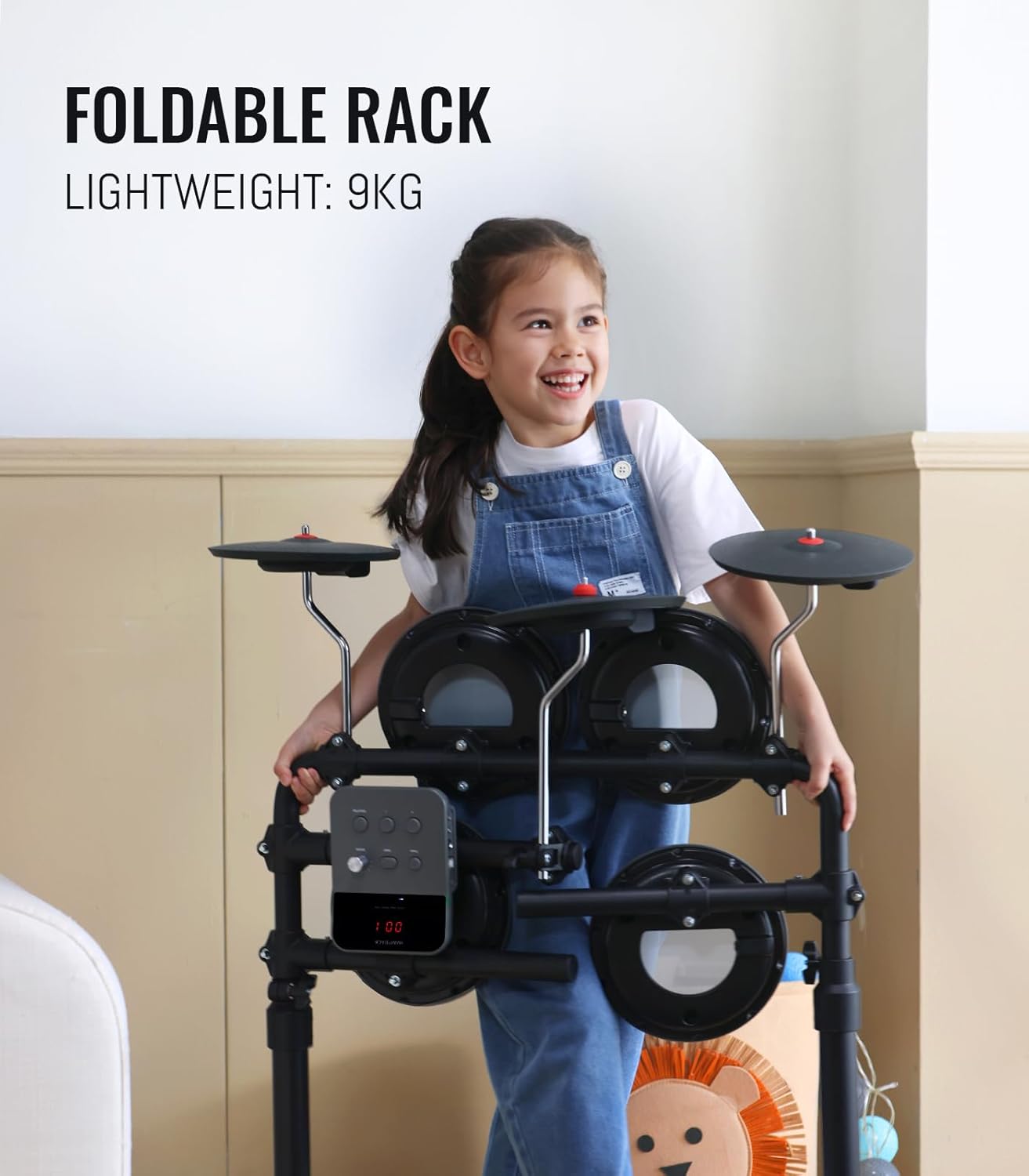 Bateria eletrônica HAMPBACK MK-0 com rack dobrável e leve para transporte fácil.
