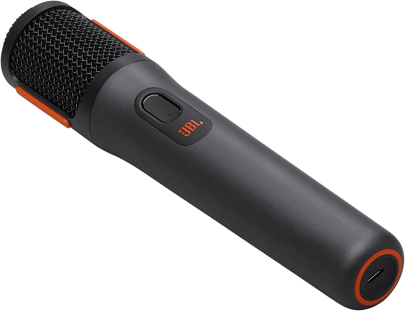 Microfone sem fio JBL PartyBox preto com botão liga/desliga e detalhes em laranja, design moderno.