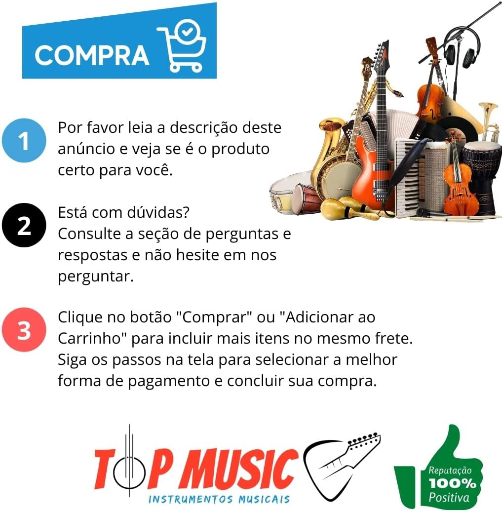 Instruções para compra de instrumentos musicais na Top Music com ilustração e selo reputação positiva.