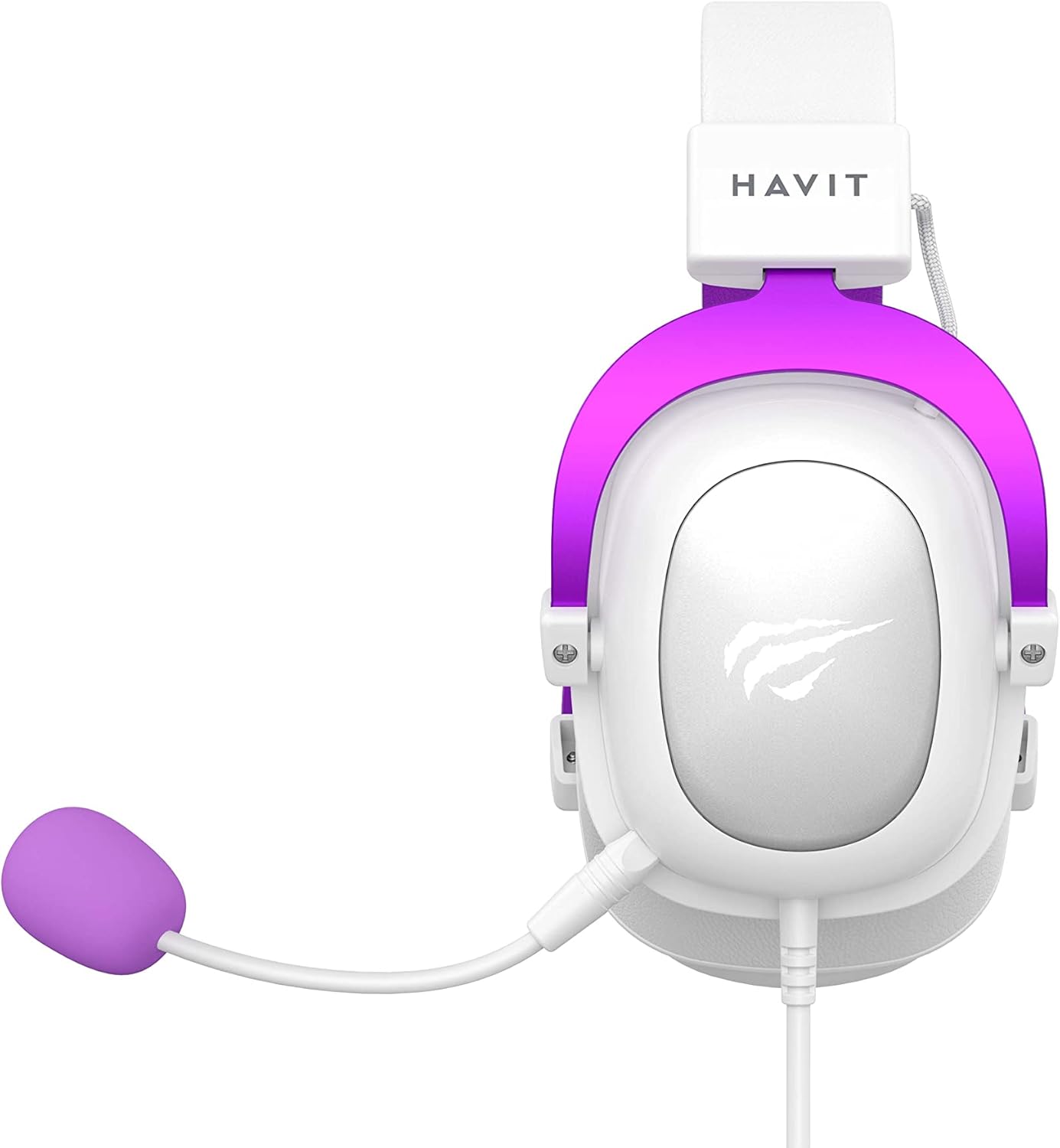 Fone gamer Havit HV-H2002d branco com detalhes roxos e microfone em destaque